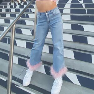 Jeans with Rhinstoned sides and Pink Feathers at Bottom:) Size Medium (6)